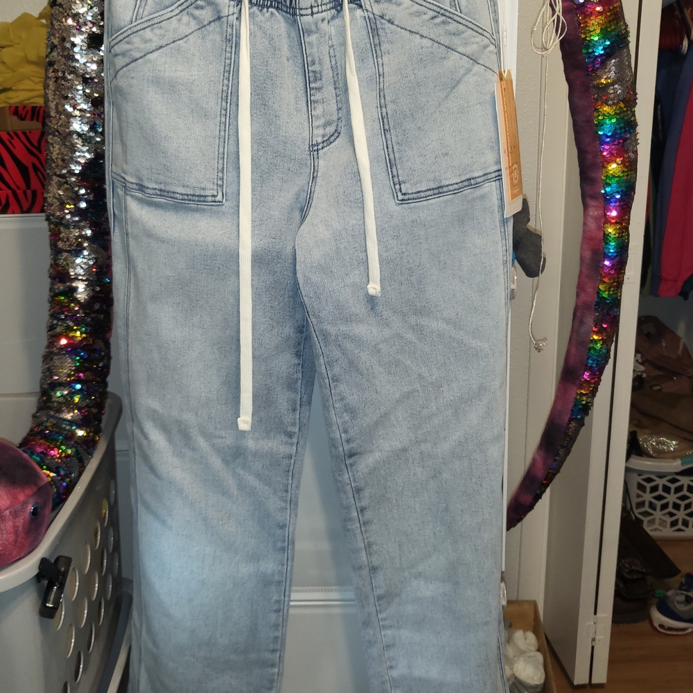 Light Blue Women's Drawstring Wide Leg Jeans - Picture 6 of 16